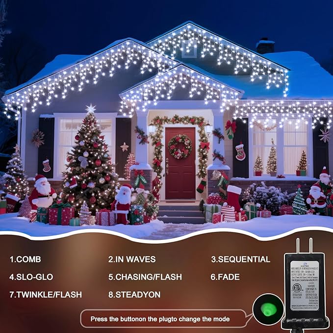 98 Ft Ice Light for Outside, 900 LED Christmas Lights Outdoor Plug in, Christmas Ice Lighting with 8 Modes & Timer for Holiday, Party, Wedding, House, Patio, Outdoor Decor(Cool White)