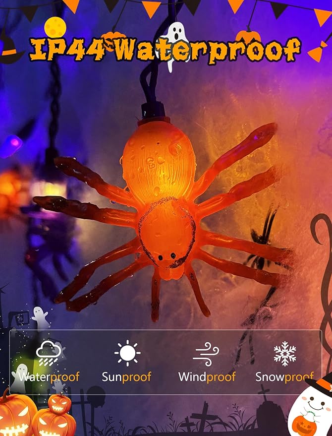 7Ft Halloween Spider Curtain String Lights Outdoor Waterproof, 25LED Plug-in Halloween Decorations with 10 Colorful Spider Lights, Spooky Party Decor for Haunted House, Patio, Porch, Yard, Window