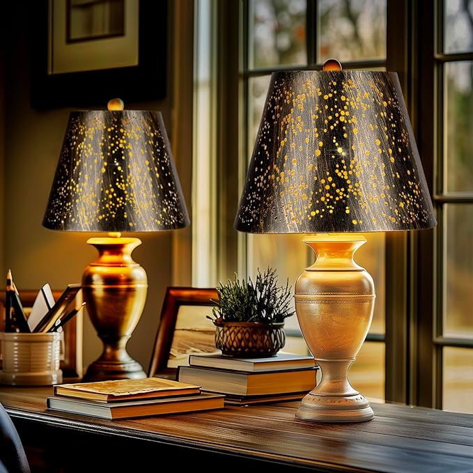 Etched Starlight 𝐌𝐞𝐭𝐚𝐥 𝐋𝐚𝐦𝐩 𝐒𝐡𝐚𝐝𝐞𝐬 𝐬𝐞𝐭 𝐨𝐟 𝟐 Top 6‘’ Bottom 10‘’ Height 7.5" Barrel Shade Lampshades Fits Most Table Lamp and Floor Lamp Spider Outer Bronze and inner Gold