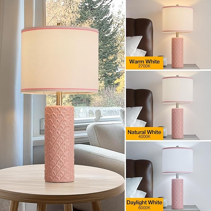 27" Farmhouse Bedside Table Lamp Set of 2, Pink Modern Ceramic Lamps for Living Room, 3 Color Temperature Rustic Table Lamps for Bedroom, Night Stands, Dorm,Office, Home Décor (Bulb Included