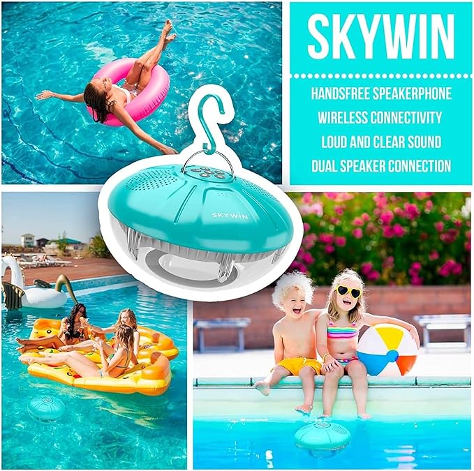 Skywin Floating Pool Speaker with Lights, Wireless Waterproof Bluetooth Speaker for Pool - Dual 5W Sound, Touch Controls, Rechargeable Shower Speaker, Inflatable Hot Tub Accessories for Pool Parties