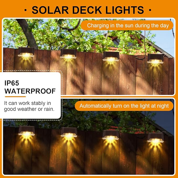 Geelin 32 Pcs Solar Deck Lights Outdoor, Waterproof LED Solar Step Fence Lights for Stairs, Step, Railing, Patio, Driveway, Garden, Pathway and Yard(Brown Shell Warm White Light)