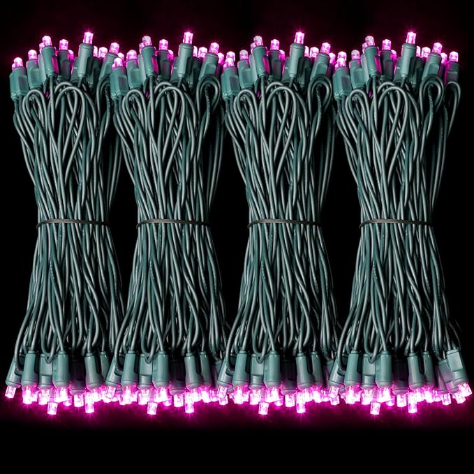 LAMPHOME 200LED (4pk of 50L) String Lights, LED Christmas Lights, 6" SPACING,Green Wire,Pink