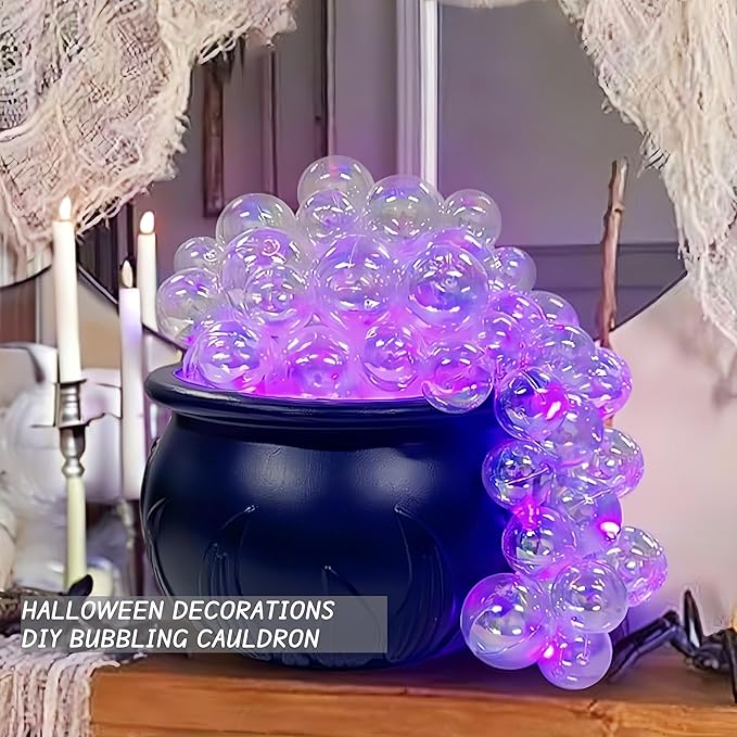 Halloween Cauldron Decor Indoor - Witches Bubbling Cauldron Kit w/ 30 LED Purple Lights, 40 Orbs & Cotton - Vintage Hocus Pocus Theme, Wireless Remote, 8 Light Modes