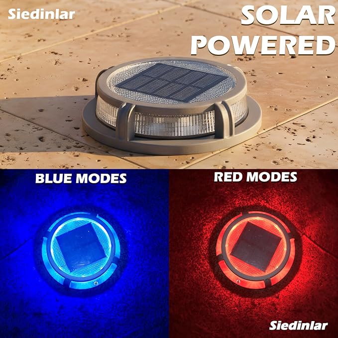 SIEDiNLAR Solar Deck Lights Outdoor 2 Modes 16 LEDs Driveway Markers Dock Light Solar Powered Waterproof for Ground Step Stair Pathway Walkway Garden Yard Road 4 Pack (Blue/Red)