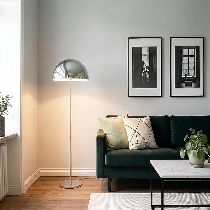 Brightech ONO Mushroom Floor Lamp - Modern LED Standing Lamp for Living Room, Bedroom - Color Changing LED Bulb, Metal Dome Lamp Shade - Contemporary Metallic Sculptural Design - Chrome