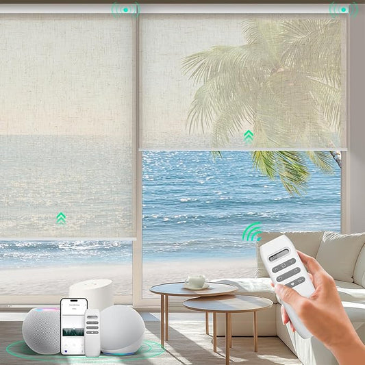 HeyBlinds Motorized Roller Shades, Smart Blinds for Windows, Remote Automatic Window Shades, Electric Shades, Light Filtering, Compatible with Alexa Google Apple Home (Nature-Linen LF)