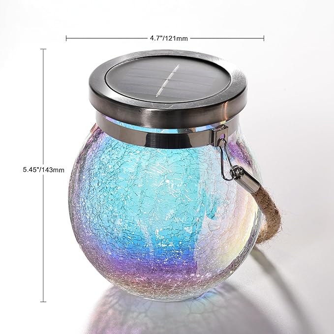 Cooo 6 Pack Gifts for Him Her Solar Lanterns Waterproof Outdoor Iridescent Heavy Crackle Glass LED Stainless Steel Lid for Women Mom Grandma Outdoor Table Lamps Garden Backyard Decor