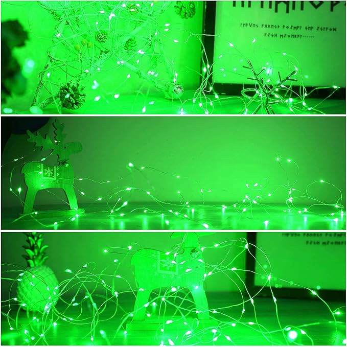YAOZHOU St Patrick’s Day Decorations Green Fairy String Lights,Christmas Indoor Battery Operated with Timer, 2 Pack Total 33FT 100 Led Mini Battery Powered Mason Jar Firefly Lights DIY Party