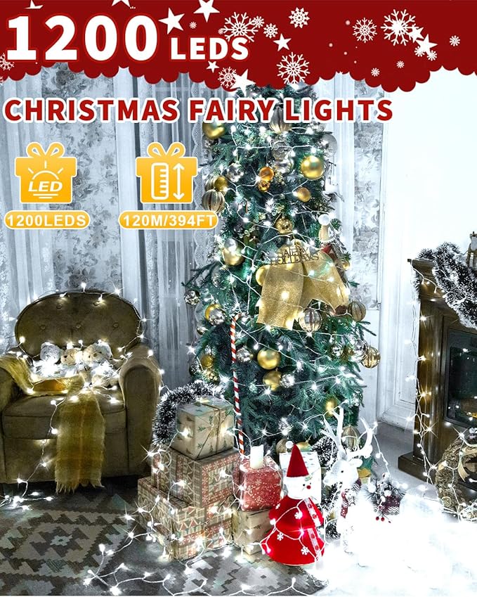 1200 LED 403FT Christmas Lights String Outdoor Indoor, Cold White Xmas Tree Lights, Plug in Twinkle Fairy Light with Remote Timer Dimmable for Room Yard Holiday Party Wedding Camping Decor