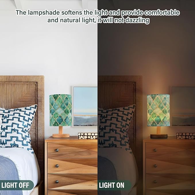 Teal Green and Gold Moroccan Tile Bedside Table Lamps with USB Port for Bedroom Lamp Table Lamp Small Nightstand Lamp Sturdy Linen Shade Wooden Decorative Lamps for Home Dorm Office Living Room