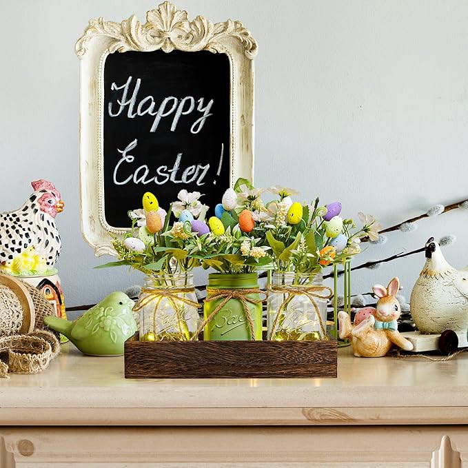Easter Centerpiece Table Decorations for Table Runner Farmhouse Coffee Table Decor with Wood Tray and Led Light Table Centerpieces for Dining Room Kitchen Living,Green