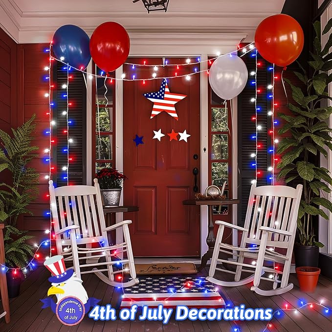 Red White and Blue Lights String for 4th of July Decorations Outdoor Total 100 LED 33ft for Memorial Day Decorations, Battery Operated Waterproof Timer Patriotic for Independence Day, 2-Pack
