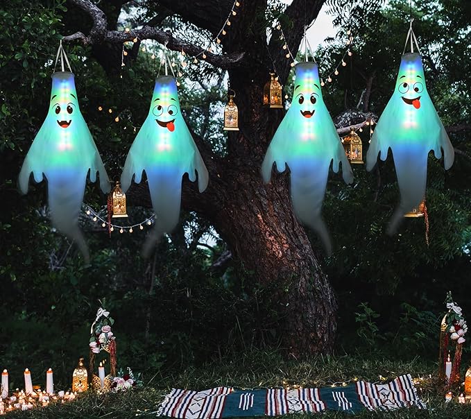 Halloween Decorations Outdoor: 2 Pcs Cute Hanging Ghosts for Tree, Porch, Garden, Yard - Waterproof Colorful LED Ghost Decor with Timer
