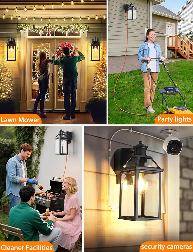 Porch Light with GFCI Outlet, 14'' Large Motion Sensor Outdoor Lights for House, Waterproof Exterior Lighting Fixtures, Black Anti-Rust Outside Wall Mount Sconce for Patio Front Door Entryway, E26
