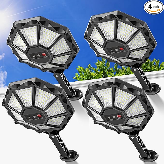 Solar Outdoor Lights with Motion Sensor, 168LED 6500K Daylight & 360° Wide Angle, IP66 Waterproof 8-Sided Flood Light, Solar Lights Auto Dusk to Dawn for Yard Pool Fence (4 Pack)