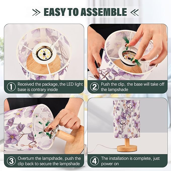 Floral Pattern Elegant Purple Flower Table Lamp with Wood Base Fabric Lamp Shade Bedside Nightstand Desk Lamp for Living Room Bedroom Kids Room Office