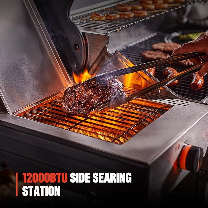 Monument Grills 6+1 Burner Smart Propane Gas Grill, Denali 605Pro Stainless Steel Grill 78,000 BTU Outdoor Barbecue Grill with Side Burner, Pizza Stone, Round Cooking Plate & Grid, Cover, Rotisserie