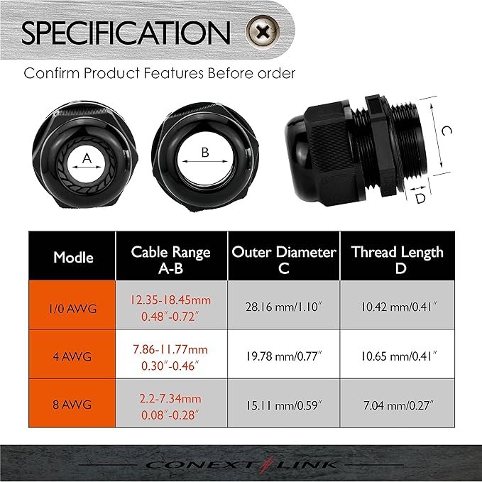 Conextlink 5pcs Waterproof IP68 Nylon Firewall Bushing Grommet Cable Gland Joint Adjustable Locknut Protectors for Power Cable (8 Gauge, White)
