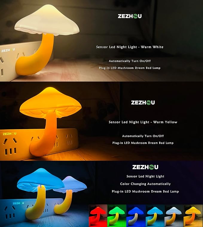 Night Lights Plug into Wall - Sensor LED Mushroom Light, Magic 7 Color Changing Cute Dream Bed Mushroom Lamp for Kids Adults Pets, Living Room Bedroom Kitchen, Bathroom Toilet, Stair Hallway Corridor