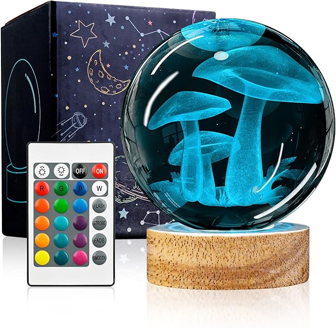 3D Crystal Ball Night Light with Wooden Base, Mushroom Glass Ball Lamp with 16 Colors and Remote Control - Cool Desk Decor Gift for Kids and Friends
