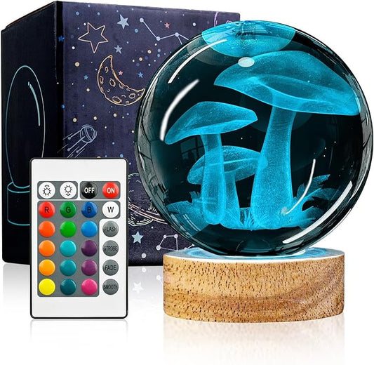 3D Crystal Ball Night Light with Wooden Base, Mushroom Glass Ball Lamp with 16 Colors and Remote Control - Cool Desk Decor Gift for Kids and Friends