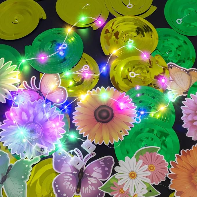 33pcs Spring Hanging Decorations for Home - Flower Butterfly Hanging Swirls with Led Lights for Spring Summer Easter Flower Butterfly Themed Birthday Party Decorations