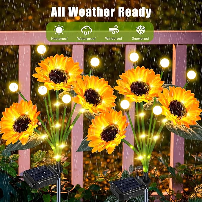 Solar Sunflower Lights Outdoor 4 Pack Solar Flowers Waterproof Outdoor with Firefly Lights,Solar Sunflowers Memorial Garden Decor for Yard Patio Porch Lawn,Birthday Gifts for Mom Women Grandma
