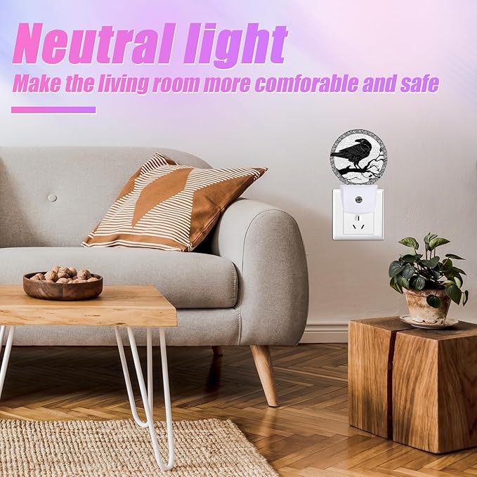 Crow Night Light Black Bird Night Lights LED Lamp Round Plug into Wall Nightlight with Dusk to Dawn Sensor Home Hallway Stairway Kitchen Decor