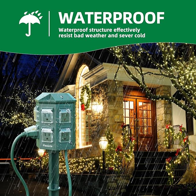 Outdoor Power Strip Timer Waterproof, Dusk to Dawn Light Sensor Countdown, 25 Feet Extension Cord, 6 Grounded Outlets for Christmas Decorations, ETL Listed