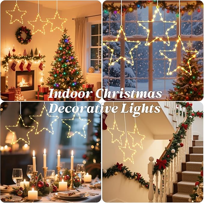 80 LED Star Christmas Decorations Lights Indoor, 3 Packs Battery Operated Hanging Cozy String Lights with Timer, 8 Modes Warm White Outdoor Christmas Decorations