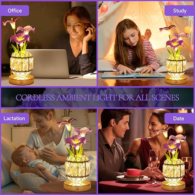 Flower Table Lamp, 3-Color Dimmable Artificial Flowers Night Light, Rechargeable Cordless Small Desk Lamp, Morning Glory with Crystal Vase for Party Date Home Decoration (Purple - Morning Glory)