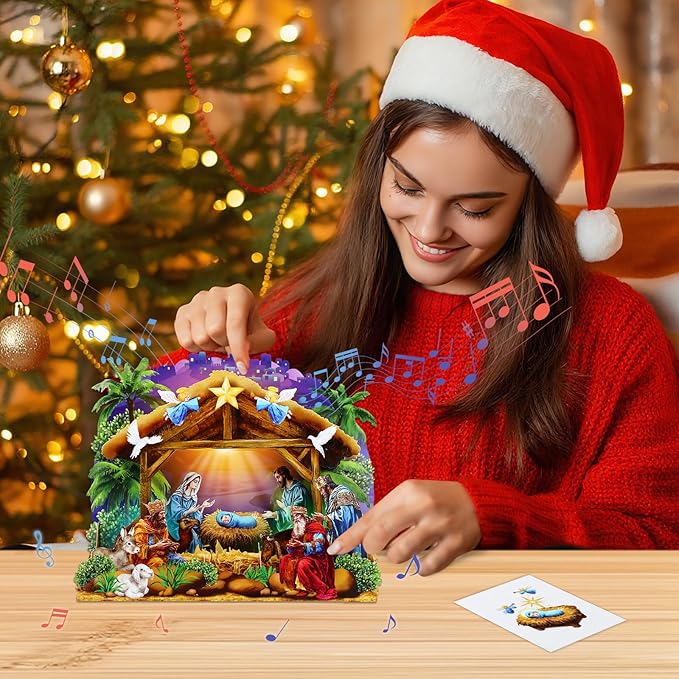 FaCraft Religious Nativity Musical Christmas Cards, 10"x7" Handmade 5-Layer 3D Pop Up Christmas Cards Gift Jesus Christ Birth Scene Decoration with Envelope, Blank Note, Seal, for Family Friends Kids