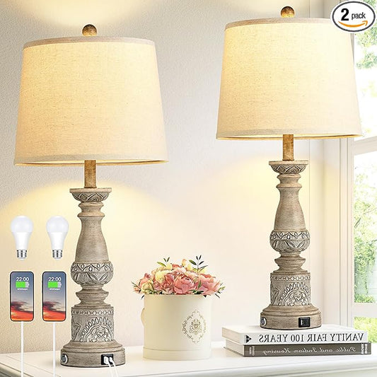 Table Lamps for Living Room Set of 2 Farmhouse Bedroom Lamps with USB C+A Charging Ports Touch Bedside Lamps for Nightstand,2 Bulbs Included