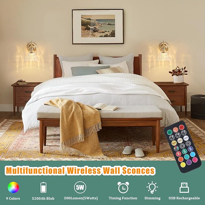 Battery Operated Wall Sconce Set of 2, Vintage Rechargeable Wall Lights with Clear Lily Glass Shade, Wireless Indoor Wall Lamp with Remote for Bedroom Living Room Bathroom