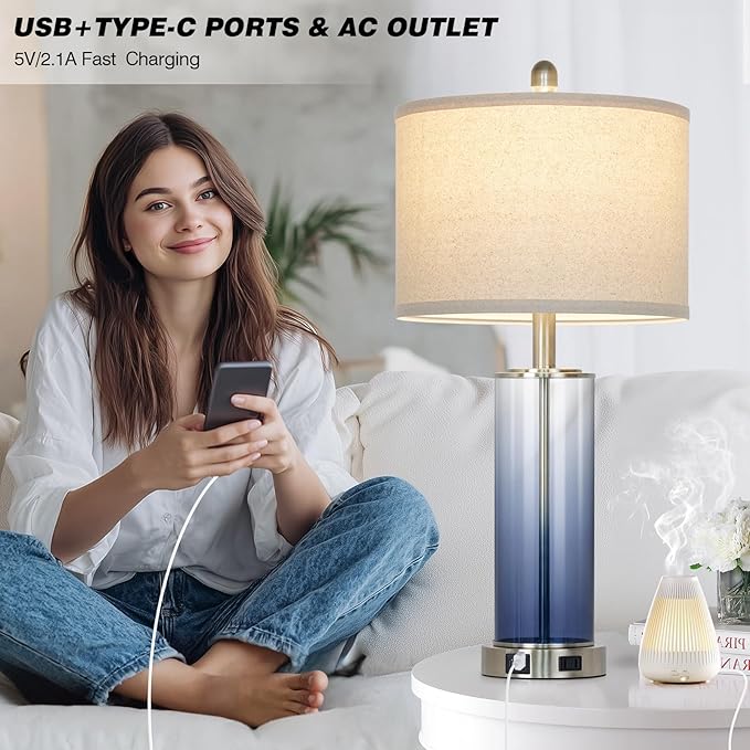 26" Glass Table Lamp Single, 3-Way Dimmable Touch Control Living Room Lamp with USB C+A Ports & AC Outlet, Coastal Bedside Lamps, Bedroom Lamps for Nightstand Side End Table Desk, Blue-1PK