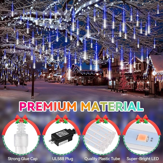 KNONEW Christmas Lights Outdoor, 15 inch 24 Tubes 672 LED Meteor Shower Lights Plug in Waterproof Falling Rain Light for Xmas Tree Wedding Party Garden Holiday Decorations (Blue and Cool White)