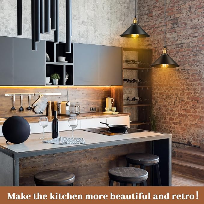 Retisee 6 Pieces Industrial Pendant Lights E26 E27 Base Farmhouse Lampshade for Hanging Light Vintage Metal Shade Fixtures Barn for Kitchen Dining Room Home Bar Foyer(Black)