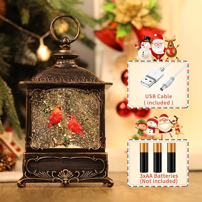 Cardinal Snow Globe Christmas Decorations Lantern, Glittering Lighted Plug-in, 3 AA Battery Operated & USB Powered, Cardinal Snow Globe Lantern for Christmas Home Decoration and Gift