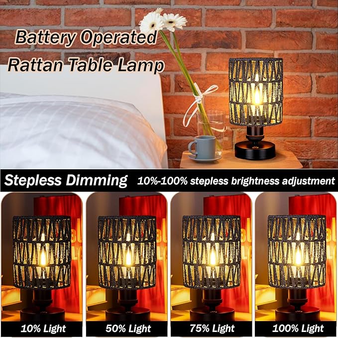 Cordless Outdoor Table Lamps, Rechargeable Rattan Boho, Dimmable Battery Operated for Patio, Home, Living Room, Bedroom, Bedside - Set of 2 (Black)