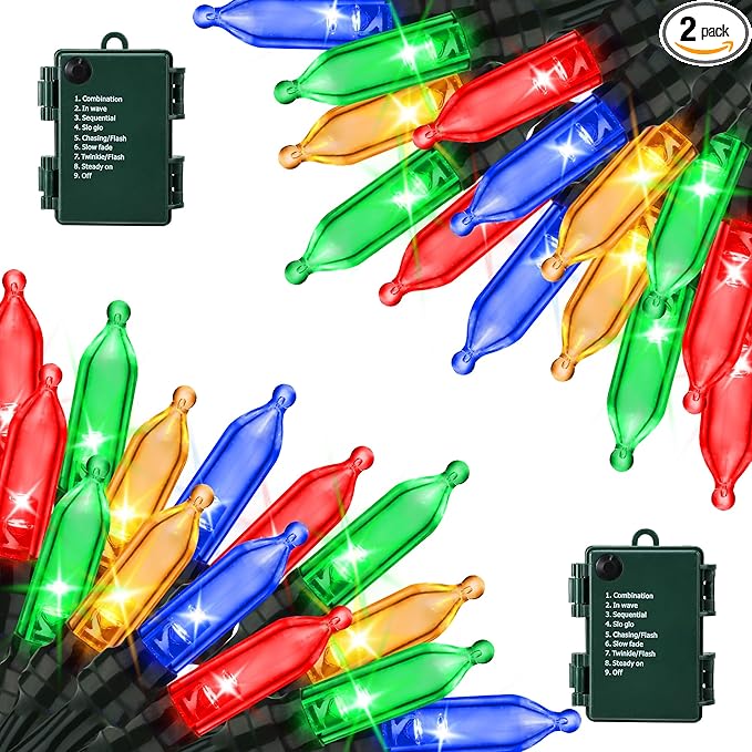 Lomotech Battery Operated Christmas Lights - 2 Pack Total 33ft 100LEDs Mini String Lights 8 Modes Waterproof with Timer for Home, Garden, Party, Holiday, Tree Decoration （Green Wire,Multicolor）