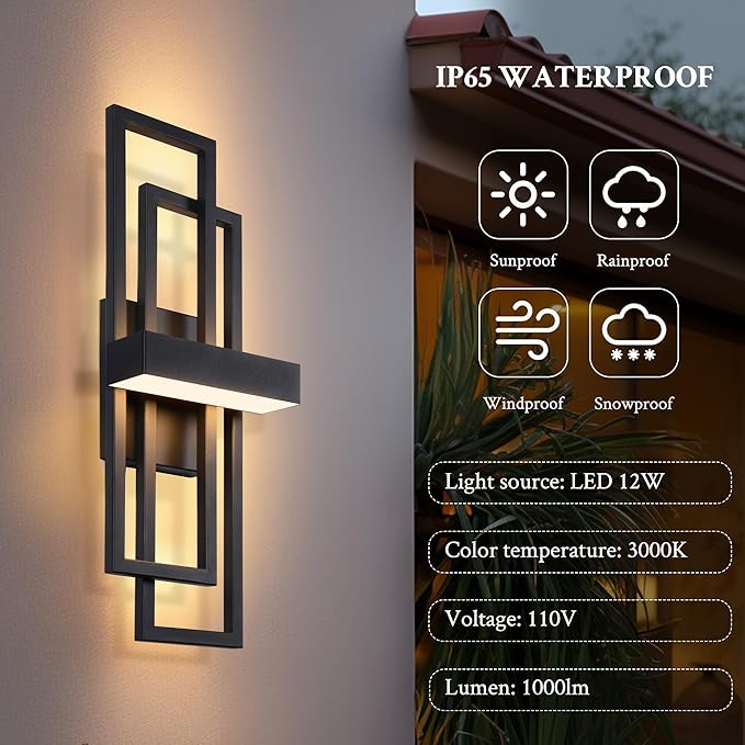 LamQee 2 Pack 20" Modern Outdoor Wall Light, Integrated LED 1000LM Exterior Lighting Fixture Rectangle Outdoor Sconce, Matte Black Metal Wall Mount Porch Light Outside Lamp for House Garage Door Patio