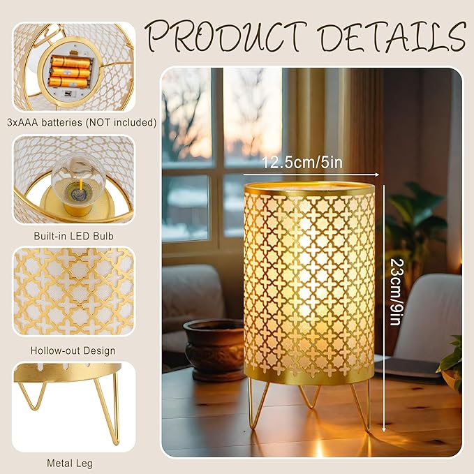 TRIROCKS Set of 2 Battery Operated Lamp 9'' High Cordless Table Lamp Battery Powered Lanterns with 6H Timer for Home Living Room Weddings Parties Patio Events Outdoors Indoors Shelf(Gold)