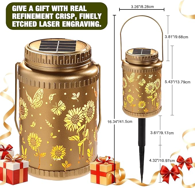 Cooo 6 Pack Valentines Day Gifts for Him Her Solar Lanterns Outdoor Waterproof Sunflower Butterfly Solar Pathway Lights Landscape Path for Outdoor Table Lamps Garden Yard Backyard Decor -Gold