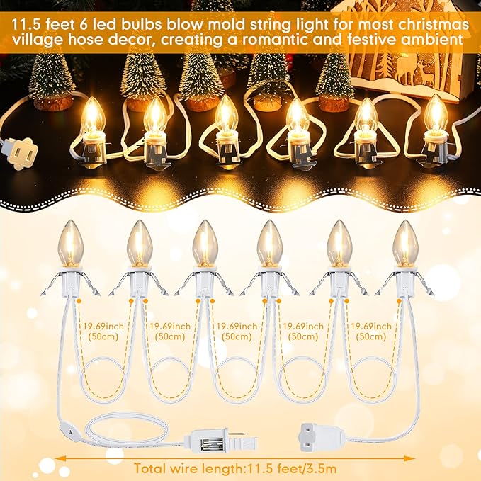 Coume Set of 3 Christmas Village Light Accessory Cord with 6 Socket Led Bulbs and Clips, Accessories White Bulb On/Off Switch for Decor, 11.5 Feet