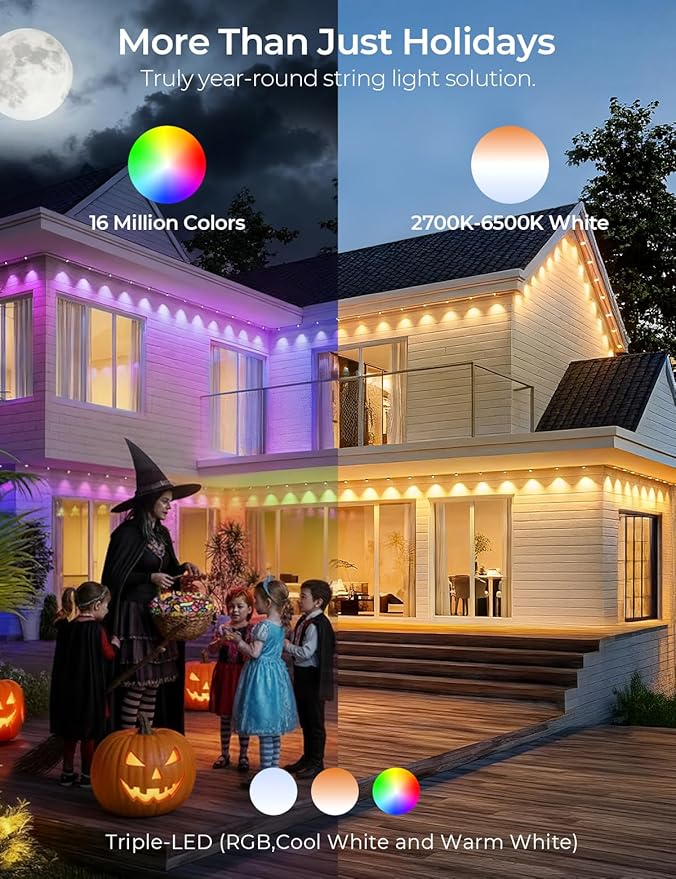 Smart Permanent Outdoor Lights Pro, 100ft 60LED RGB+IC+Warm/Cool White for Daily, 100+ Scene Modes, Waterproof Eaves Light for Halloween Christmas Decor, Works with Alexa, Google Assistant