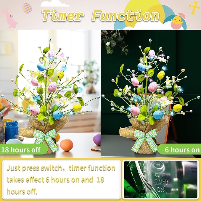 Lighted Easter Decorations 20'' Egg Tree for Tabletop Decor, Timer Egg Tree Ornaments, Easter Artificial Tree for Centerpiece Table Indoor Outdoor Spring Home Decorations