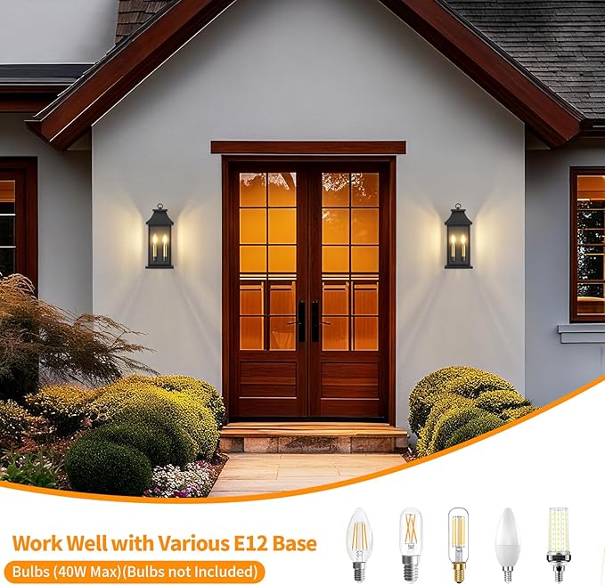 tewei 2-Light Black Outdoor Light Fixture, Porch Light Outdoor Wall Sconce Lantern, 18'' Exterior Lighting Fixture Wall Mount E12 Gold Base, Outside Light for House Backyard Garage, 1-Pack