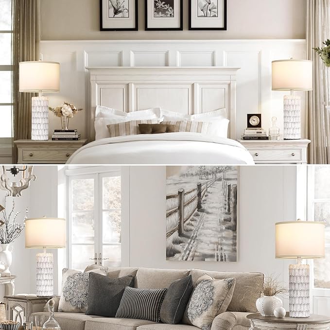 26" Farmhouse Table Lamps for Living Room Set of 2, Antique Traditional End Table Lamps for Bedroom Night Stand, White Shade Rustic Bedside Lamps with Grey-White Resin Body, Bulbs Included