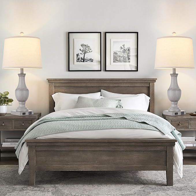Farmhouse Table Lamps Set of 2, Rustic 25" Touch Control Bedside Lamps with 2 USB Ports & AC Outlet, Vintage 3-Way Dimmable Nightstand Lamp Linen Fabric Shade for Living Room Bedroom End Table Decor
